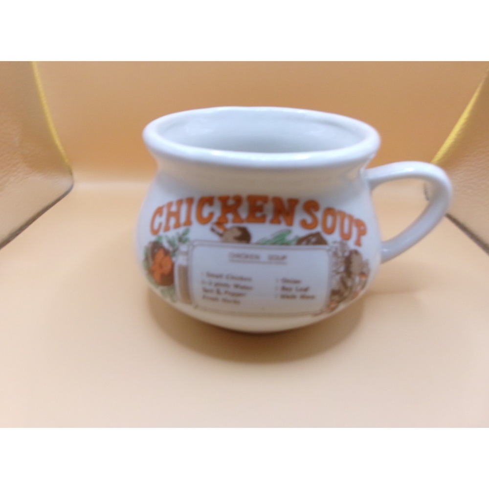 Vintage Chicken Soup Recipe Ceramic Mug Oversized Soup Crock White Orange Retro